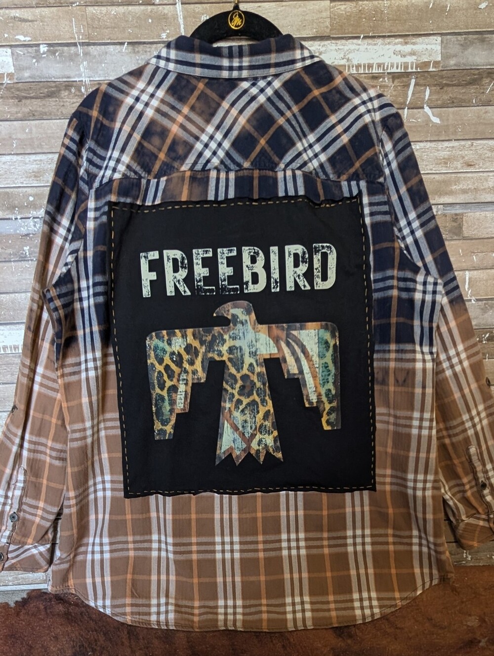 Freebird Graphic Upcycled Handcrafted Dip Dyed Bleached Button Down Shirt